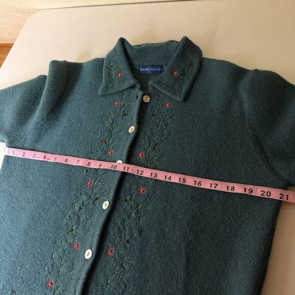 VTG Karen Scott Green Wool Embroidered Button Front Cardigan Sweater Womens M - Picture 5 of 10